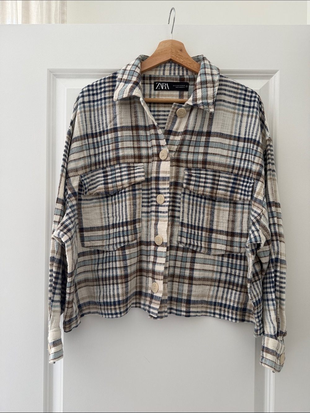 Zara Plaid Button-Up Jacket in Cream, Navy & Brown